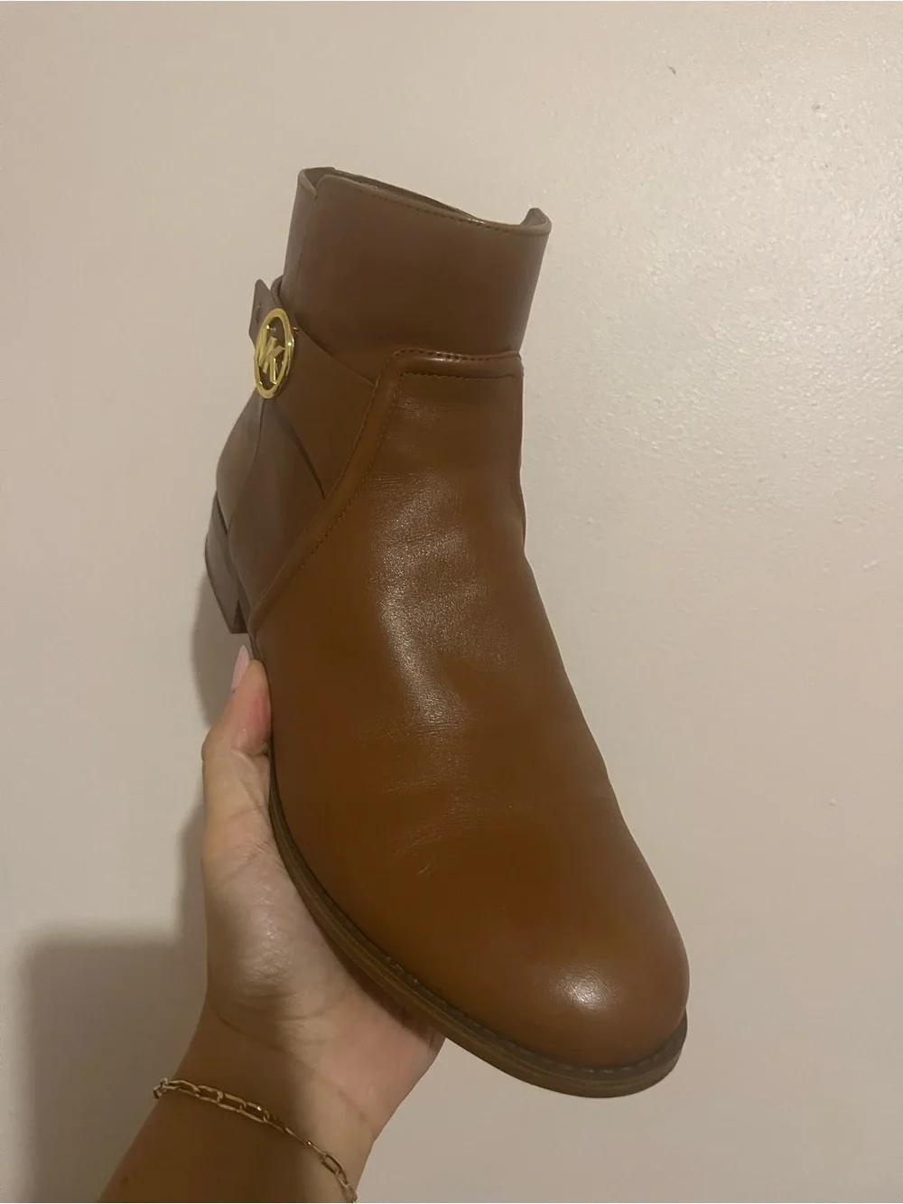 Michael Kors Cognac Leather Ankle Boot with Gold MK Accent